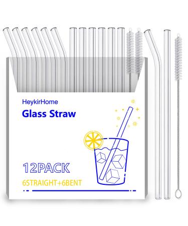 HeykirHome 12-Pack Reusable Glass Straw,Size 8.5''x10 MM,Including 6 Straight and 6 Bent with 2 Cleaning Brush- Perfect For Smoothies, Tea, Juice 12Pack+2Brushes