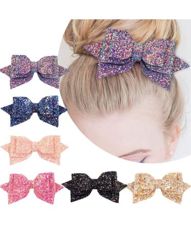 5 Inch Glitter Hair Bows Boutique Hair Clips 6 Pcs Multi Color Glitter Sequins Big Hair Bows for Baby Girls Teens Toddlers