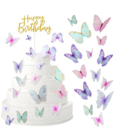 60 Pieces Blue Purple Butterfly Cake Toppers with Happy Birthday Cake Topper, 3D Butterfly Topper Mixed Size Color Butterfly Decoration Butterfly Party Decoration for Birthday Wedding Party Supplies