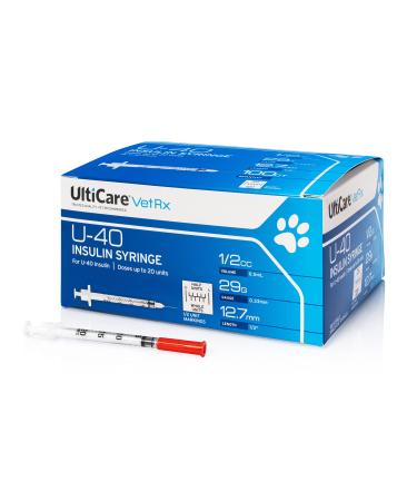 UltiCare VetRx U-40 Pet Insulin Syringes, Comfortable and Accurate Dosing of Insulin for Pets, Compatible with Any U-40 Strength Insulin, Size: 1/2cc, 29G x , with Half Unit Markings, 100 ct Box