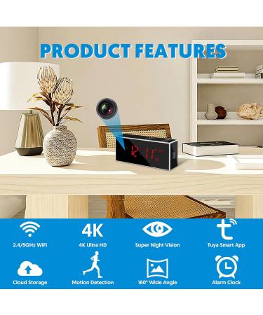 kelucimy Hidden Spy Camera Alarm Clock with Stronger Night Vision 4K Wireless WiFi - Black - Buy Online on GoSupps.com