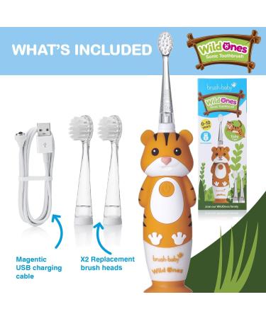Brush-Baby WildOnes Tiger Kids Electric Toothbrush - 1 Handle, 3 Brush Heads, USB Charging Cable - Ages 0-10 - Buy Online on GoSupps.com