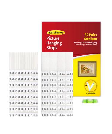 Karsbarwe 32 Pairs(64 Strips) Medium Picture Hanging Strips Heavy Duty Hook and Loop Tape Picture Hanger Damage Free Water-Resistant Adhesive Strips for Frame Hanging and Christmas Decorations 32Pairs Medium