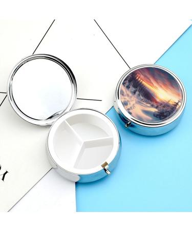Round Pill Box - Winter Snow Sunset Landscape Print | 3 Compartment Decorative Metal Organizer | Portable Pocket Pill Case - Buy Online on GoSupps.com