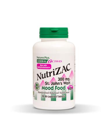 NaturesPlus Herbal Actives NutriZAC Mood Food - 300 mg St Johns Wort, 90 Vegan Bi-Layered Tablets - Maximum Potency Natural Mood Booster - Vegetarian, Gluten-Free - 90 Servings