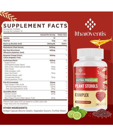 Cholesterol Supplements with Plant Sterols, Niacin, Red Yeast Rice, Bergamot, Omega-3 & Garlic - Advenced Absorption Formula - 90 Softgels 90 Count (Pack of 1) - Buy Online on GoSupps.com