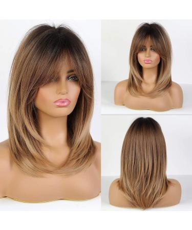 Alanhair Ombre Brown Wigs for Women,HAIRCUBE Shoulder-Length Layered Wigs with Bangs Heat Resistant Synthetic Fibre Wigs