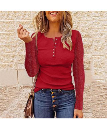 Women's Dressy V-Neck Henley Shirt | Long Sleeve Red Blouse for Fall | Casual Button Down Top - Buy Online on GoSupps.com