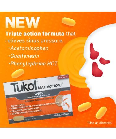 TUKOL Max Action Sinus Congestion & Pressure Caplets - 20 Count | Non-Drowsy Pain Headache Relief & Expectorant - Buy Online on GoSupps.com