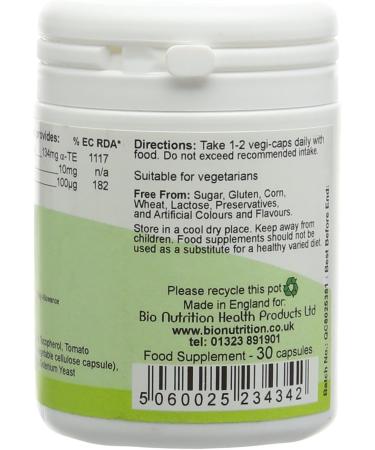 Bio Nutrition Lycopene Complex 10mg 30 Vegi Capsules - Antioxidant Men's Health Support - Buy Online on GoSupps.com