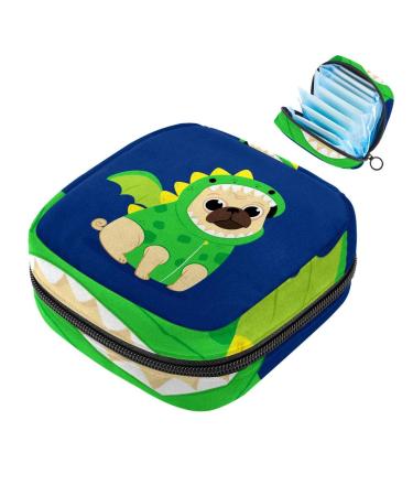 Menstruation pad bag with zipper women's napkin bag tampons collection bags for women and girls (navy blue dinosaur pug)