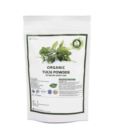 R V Essential Organic Tulsi Powder 100gm/ 3.53oz/ 0.22lb- Ocimum Sanctum Tulsi Leaf Powder Holy Basil Powder USDA Organic Certified Ayurvedic Supplement in Resealable and Reusable Zip Lock Pouch 3.52 Ounce (Pack of 1)