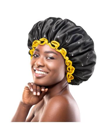 mikimini Large Shower Cap for Women Long Hair Black Reusable Waterproof Double Layers XL Washable Colorfast Odorless High-Quality Shower Cap for Men with Vibrant Yellow Edge (Black) X-Large (Pack of 1) Black+Yellow