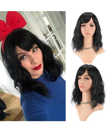 FAELBATY Short Black Wigs With Air Bangs Shoulder Length Women's Short Wig Curly Wavy Synthetic Cosplay Wig Black Bob Wig for Girl Costume Wigs (14" Black Color)
