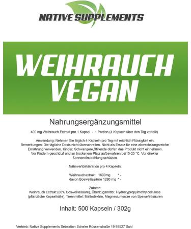 Buy Incense Capsules Vegan - XXL Bulk 500 Pieces 1600mg Daily Dose 100% Indian Treble Extract - Boswellia Serrata 80% for Vegan & Vegetarian - Buy Online on GoSupps.com