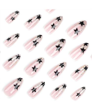 Black Star Press on Nails - Long Oval Fake Acrylic Nails with Silver Glitter Design | Reusable & DIY Manicure Decoration for Women - Buy Online on GoSupps.com