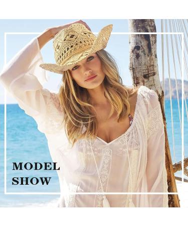 Women's Sparkly Western Cowboy Hat for Holiday Parties - Beige Straw Cowgirl Hat for Beach Vacations - Buy Online on GoSupps.com
