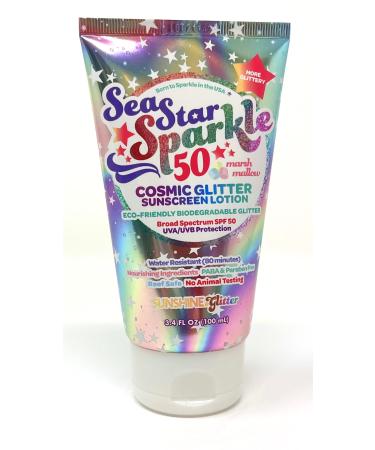 Sunshine & Glitter | Sea Star Sparkle Biodegradable GLITTER SUNSCREEN with SPF 50+ | COSMIC MARSHMALLOW | Water Resistant - Biodegradable Glitter | Vegan & Cruelty Free | 3.4 Oz
