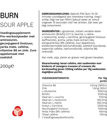 PhD Burn Pre-Workout Powder - Sour Apple Flavour, 20 Servings (200g) with Caffeine & L-Carnitine for Weight Loss - Buy Online on GoSupps.com