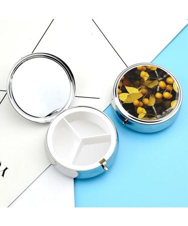 Round Yellow Leaves & Fruits Print Pill Box | 3 Compartment Portable Medicine Organizer | Decorative Metal Pocket Pill Case - Style 9 - Buy Online on GoSupps.com