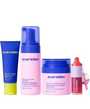 Evereden Daily Routine Set & Non-Toxic Lip Gloss: Clean & Vegan Skin Care for Kids - Nourishing Tween Skincare with Multi-Vitamin Face Wash Face Cream SPF 30 Sunscreen & Tinted Lip Gloss
