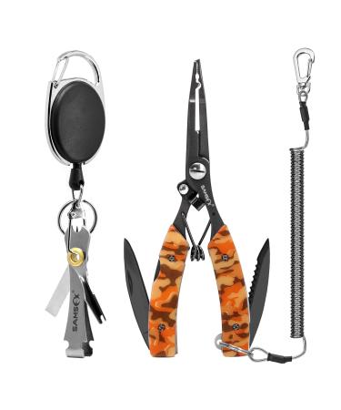 SAMSFX Locking Fishing Pliers Saltwater Resistant Teflon Coated Briad Line Cutters with Wire Coiled Lanyard, Sheath & Quick Knot Tool Combo Orange Camouflage