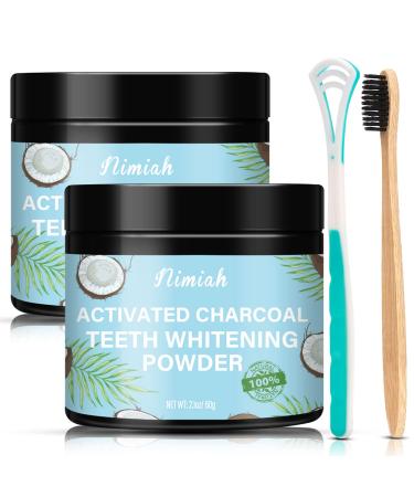 2-Pack Activated Charcoal Teeth Whitening Powder Nimiah Natural Coconut Teeth Whitener with Bamboo Brushes & Tongue Scrapers 1.05 Ounce (Pack of 2)