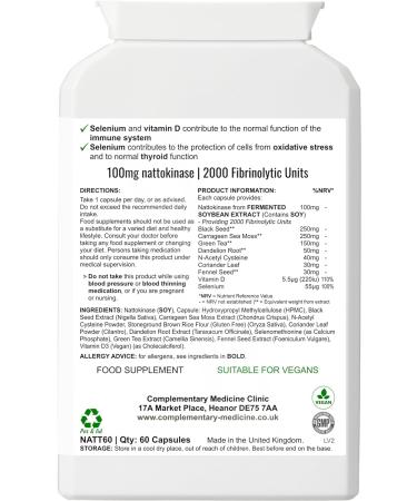 Complementary Supplements Nattokinase 2000FU Premium Complex with Black Seed Cilantro NAC Sea Moss Dandelion - Vegan 60 Capsules - Buy Online on GoSupps.com