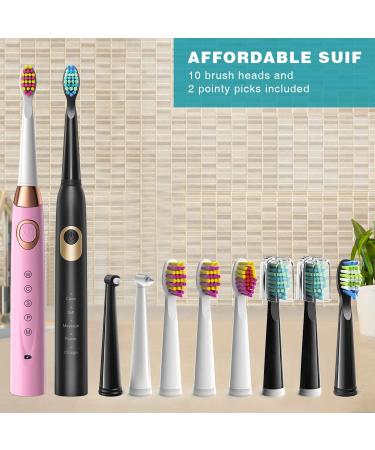 Dnsly Electric Toothbrush 2 Pack with 10 Brush Heads - Travel Rechargeable Sonic Toothbrush for Adults and Kids - 30 Day Battery Life - 2 Minute Timer - Black and Pink - Buy Online on GoSupps.com