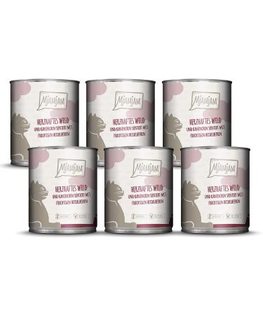 Mjamjam - Premium wet food for cats - Hearty game & rabbits on fruity blueberries 6 -pack (6 x 800 g) grain free with extra meat wild + rabbits 800 g (6 Pack)