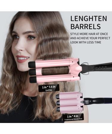 3 Barrel Curling Iron - 7.5" Extended Wand Tourmaline Triple Barrels LCD Temp Display - Pink Beach Waves Hair Crimper - Buy Online on GoSupps.com