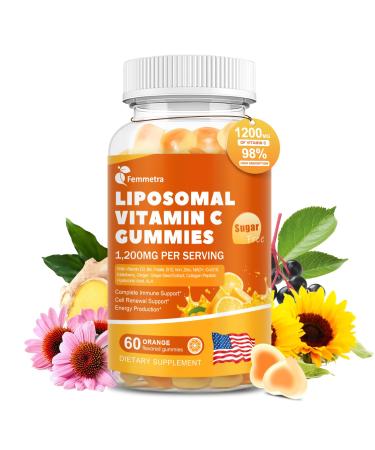 Liposomal Vitamin C Gummies for Adults 1200mg Chewable Vitamin C Supplement with Elderberry Zinc Iron & Folate etc - for Immune Support Energy & Cell Health Sugar Free Orange Flavor 60 Gummies