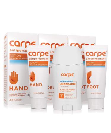 Carpe Antiperspirant Underarm, Hand & Foot Package Deal Save 25% (1Underarm Clinical Strength, 1Hand & 1Foot Antiperspirant), Stop Excessive Sweat, Hyperhidrosis Protection, Dermatologist Recommended