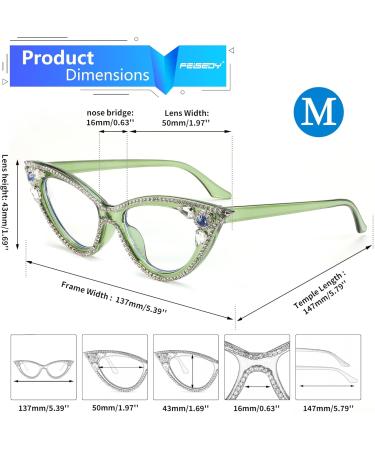 FEISEDY Diamond Blue Light Blocking Cat Eye Glasses for Women - Rhinestone Anti Eyestrain Computer Eyewear B0070 Green 50mm - Buy Online on GoSupps.com