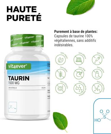 Taurine - 240 Capsules - High Dosed with 1500 mg per Daily Serving - 99% Purity - No Additives - Vegan - Buy Online on GoSupps.com