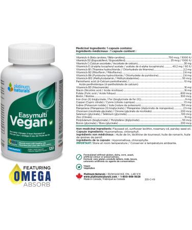 Platinum Naturals Easymulti Vegan 120 Vegan Liquid Capsules - Complete Multivitamin for Men & Women Includes Omega 3 Flaxseed Oil Enriched with B1 B2 B3 B5 B6 B12 Vitamin C Iron & Zinc 120 count (Pack of 1) - Buy Online on GoSupps.com