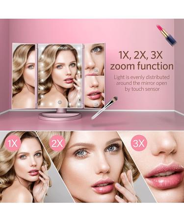Homever Vanity Mirror with Lights - 21 Led Trifold Makeup Mirror - Touch Screen, 3X/2X/1X Magnification - 180 Rotation, Dual Power Supply - Lighted Makeup Mirror, Pink - Buy Online on GoSupps.com