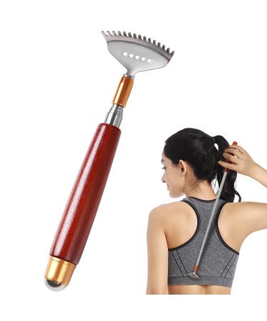 Azymi back scratch telescopic back scratch for women men with long wooden handle massage roller steel claw portable back massage device for scalp-face-foot scratches 1 piece