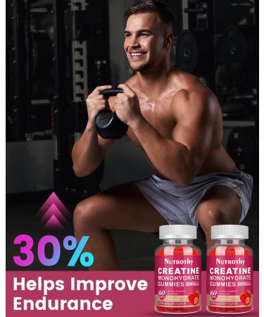 Creatine Monohydrate Gummies 5g - Sugar Free Chewable Supplement with L-Taurine & B12 for Muscle Strength & Recovery - Strawberry Flavor - 120 Count - Buy Online on GoSupps.com