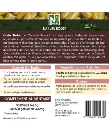 NAKURU | Gotu Kola | 90 Capsules of 325mg | Boost Range | Made in France | Centella Asiatica! | (500 Capsules of 325mg / Net Weight: 163g) - Buy Online on GoSupps.com