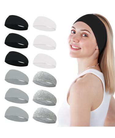 Ayesha Headbands for Women Workout Headbands Wide Hair Bands for Women's Hair Stretchy Headband Sweat Bands Non Slip Sports Headband for Yoga Working Out Fitness Skincare Makeup 12pcs black white grey(pack of 12)