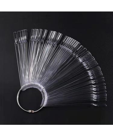 50 Tips Transparent Fan-shaped Nail Art Tips Display Polish Board Display Practice Sticks Tool with Metal Screw Split Ring Holder clear