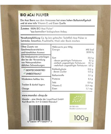 Buy Mandoi Organic Acai Powder 100g - 100% Pure Acai Berry from Brazil Additive-Free Certified Organic DE- KO-005 - Buy Online on GoSupps.com