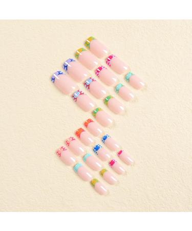 Shop MISUD Colorful French Tip Press On Nails - Short Square Acrylic Nails | 24 Pcs Glossy Summer Squoval Design - Buy Online on GoSupps.com