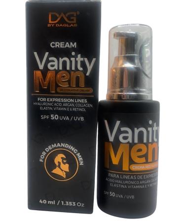 Hyaluronic Acid Argan Collagen Elastin Vitamin E & Retinol 40 ml/ 1.35 oz VANITY MEN Crema restauradora (Restorative cream) SPF 50 UVA/UVB for expressions lines