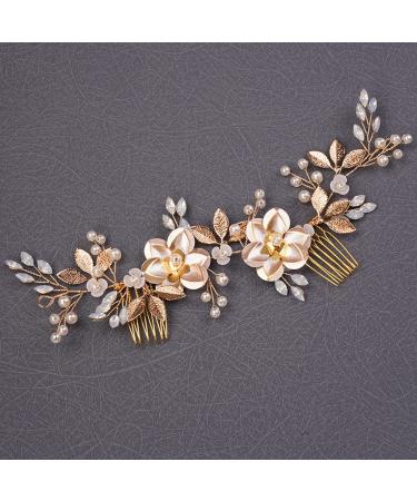 Teyglen Wedding Gold Rhinestones Hair Comb | Bridal Flower Leaf Crystal Pearls Headband - Buy Online on GoSupps.com