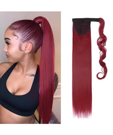 Ponytail Extensions 23inch Straight Hair Extensions Wrap around Ponytail Hairpiece Synthetic Clip in Pony Tail Dark Red 23 Inch Dark Red