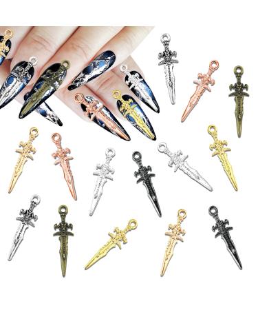 14 Pcs 3D Antique Sword Nail Charms  Wsimily Alloy Sword Nail Art Charms Metal Vintage Weapon Swords Design Nail Accessories for Acrylic Nail DIY Craft Jewelry Making Nail Supplies(7 Colors)
