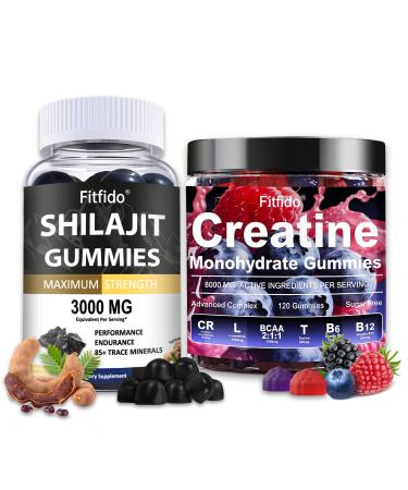 Fitfido Creatine Monohydrate Gummies 8000mg + Shilajit Gummies Support for Muscles Strength & Wellbeing Vegan Sugar Free 2-Pack Supplement Bundle