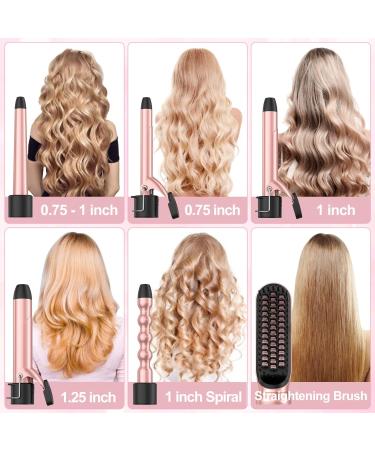 Professional 6 in 1 Curling Iron Set with Hair Straightener Brush - Dual Voltage Curler Wave Wand - Ceramic Barrel Hair Styling Tools - Instant Heating - Heat Resistant Gloves - Rose Gold - Buy Online on GoSupps.com